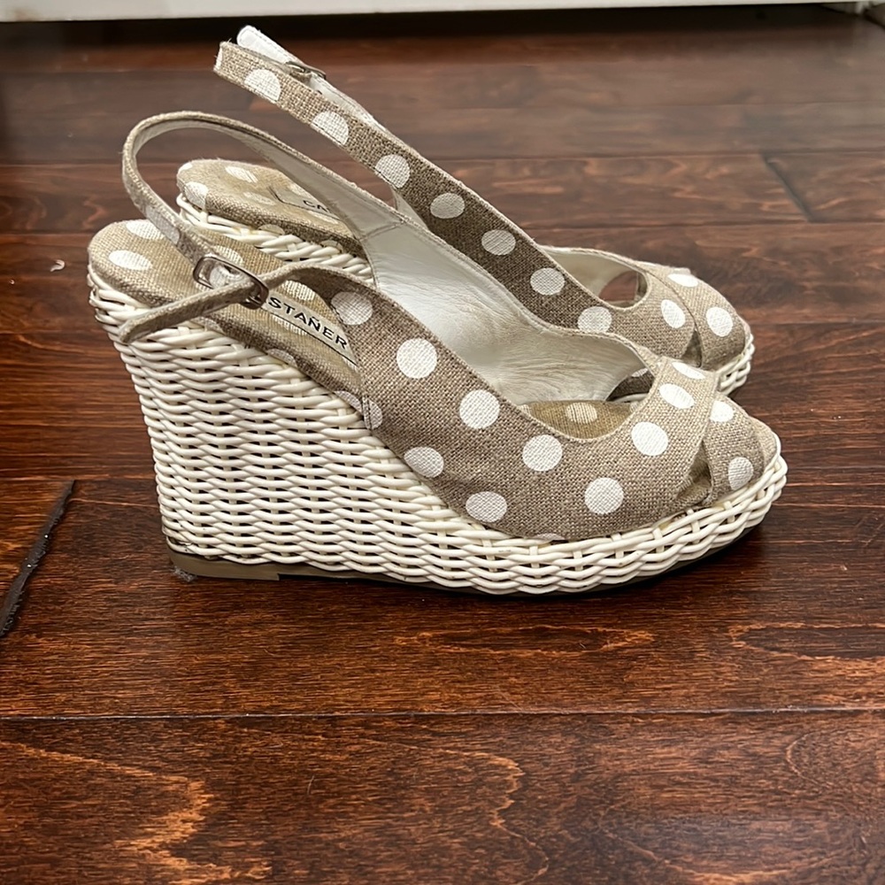 Castaner Polka Dot Wedge Espadrilles Linen White Wicker Rattan